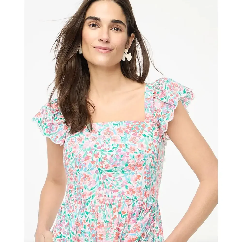 J.Crew Ruffle Sleeve Midi Dress Floral Cotton A Line Cottagecore US 8 NWT
